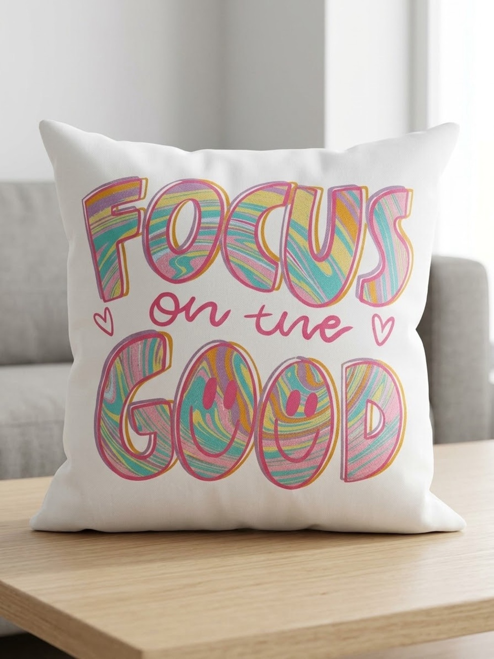 Decorative 'Focus on the Good' White Throw Pillow case with Multicolor Lettering